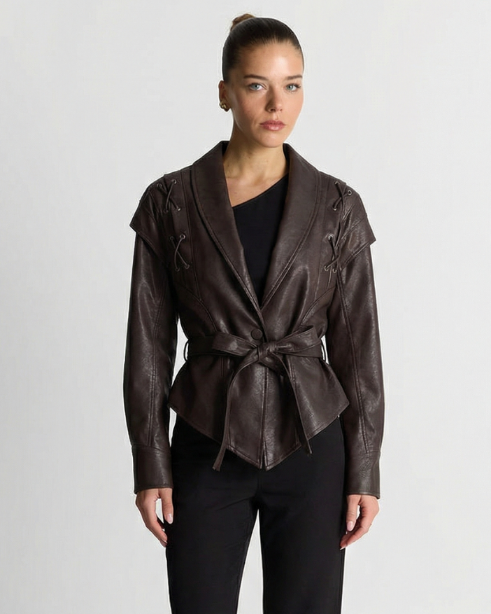Emilia | Faux Leather Shawl Collar Jacket