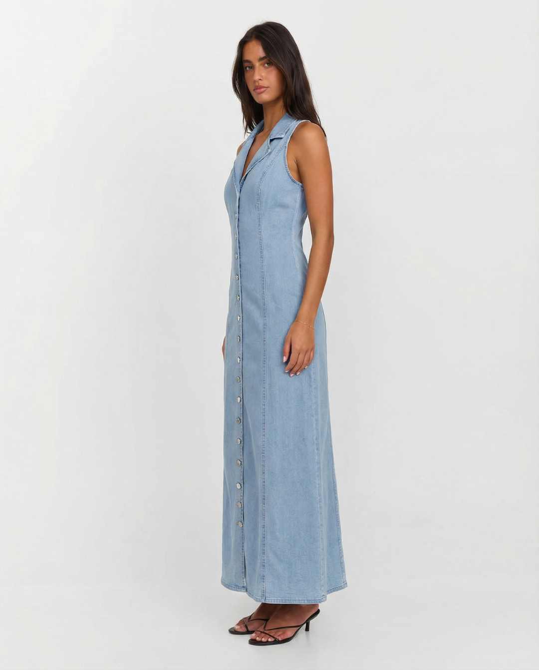 Arabella | Collared V-Neck Button-Front Denim Maxi Dress