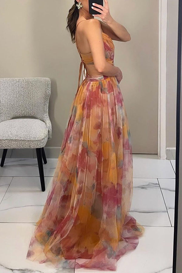Women's Maxi dress multicolor with thin straps flowy V-neckline