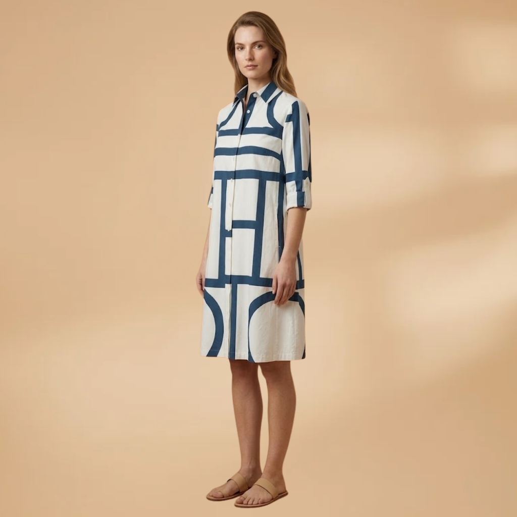 Women's Midi Dress with Short Sleeves and Flared Skirt