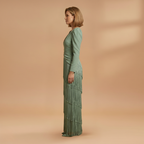 Women's Banquet Dress with V-Neck and Pleated Tassel Hem