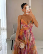 Women's Maxi dress multicolor with thin straps flowy V-neckline