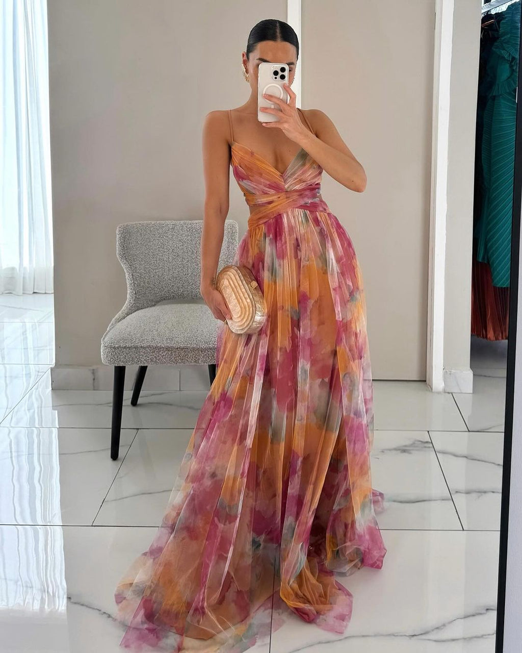 Women's Maxi dress multicolor with thin straps flowy V-neckline