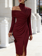 Women's Long Sleeve Midi Dress - High Neck One Shoulder Ruched Bodycon Front Slit Evening Dress