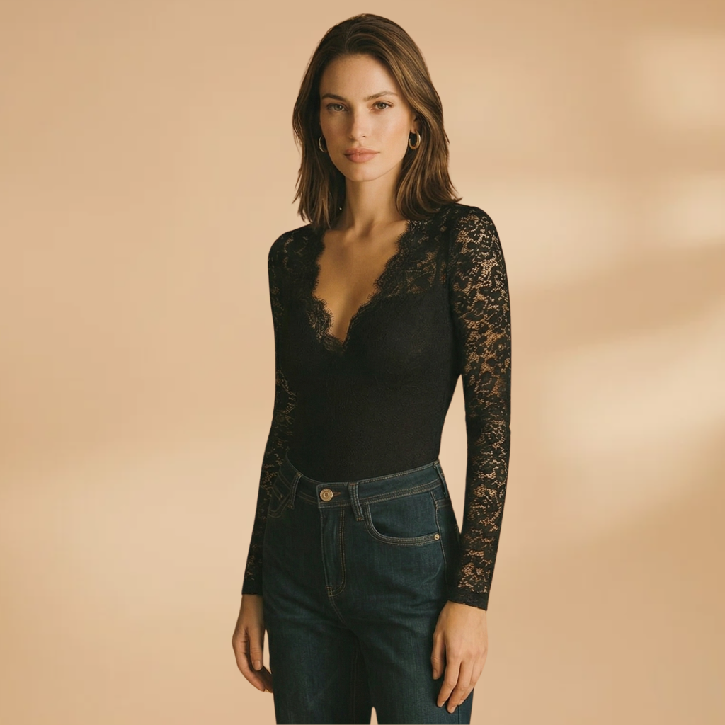 Women's Lace Bodysuit with Deep V-Neck and Fitted Design