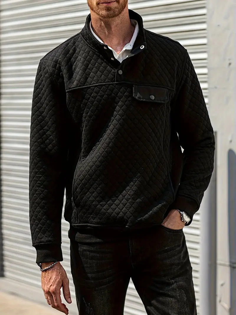 Men’s Quilted Pullover Sweater with Buttoned Stand Collar