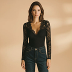 Women's Lace Bodysuit with Deep V-Neck and Fitted Design