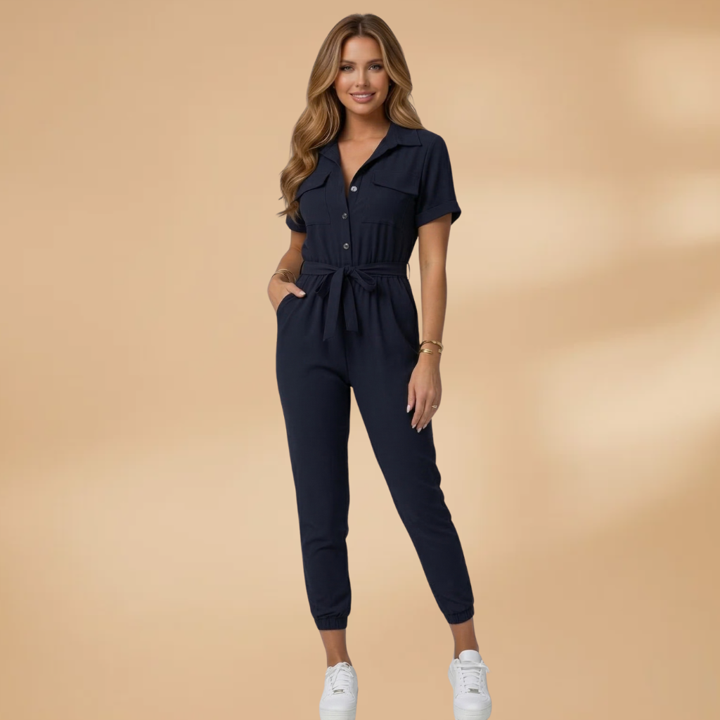 Women's Jumpsuit with Round Neckline and Short Sleeves