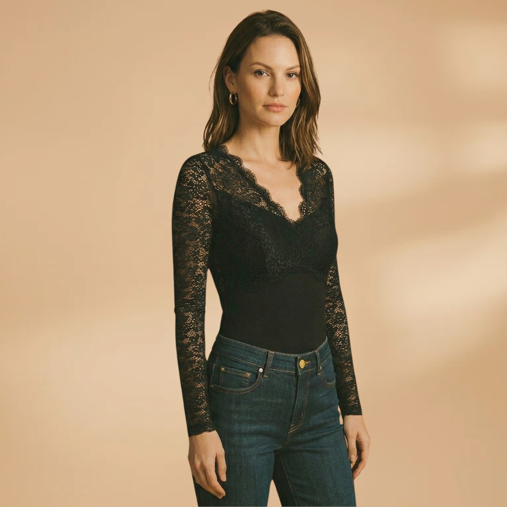 Women's Lace Bodysuit with Deep V-Neck and Fitted Design