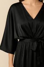 Women’s V-Neck Maxi Dress with Waist Tie and Kimono Sleeves – Occasion Wrap-Style Dress