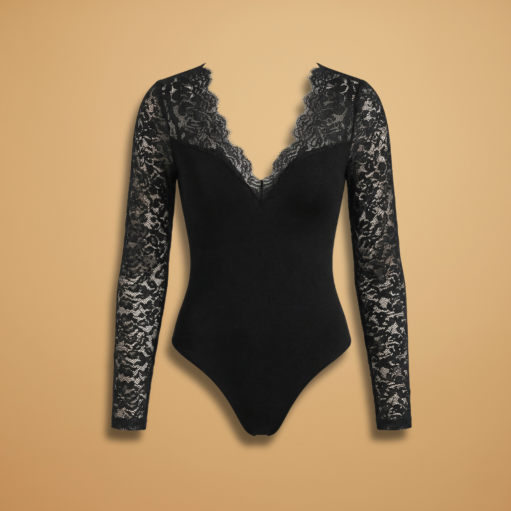 Women's Lace Bodysuit with Deep V-Neck and Fitted Design