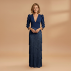 Women's Banquet Dress with V-Neck and Pleated Tassel Hem