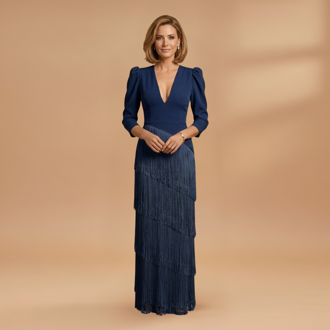 Women's Banquet Dress with V-Neck and Pleated Tassel Hem