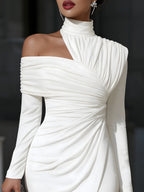 Women's Long Sleeve Midi Dress - High Neck One Shoulder Ruched Bodycon Front Slit Evening Dress