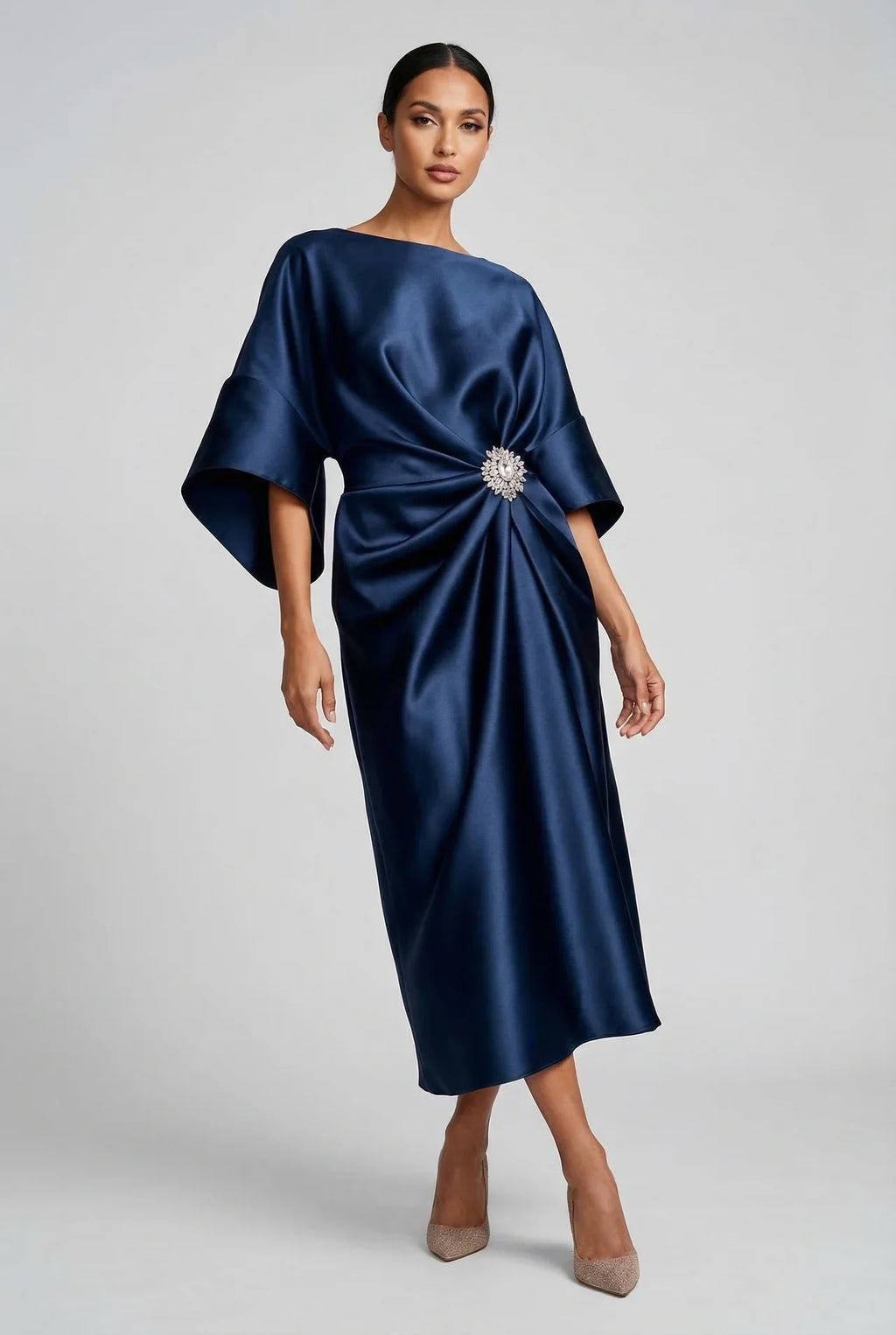 Wedding Guest Satin Style Batwing Jewel Midi Dress