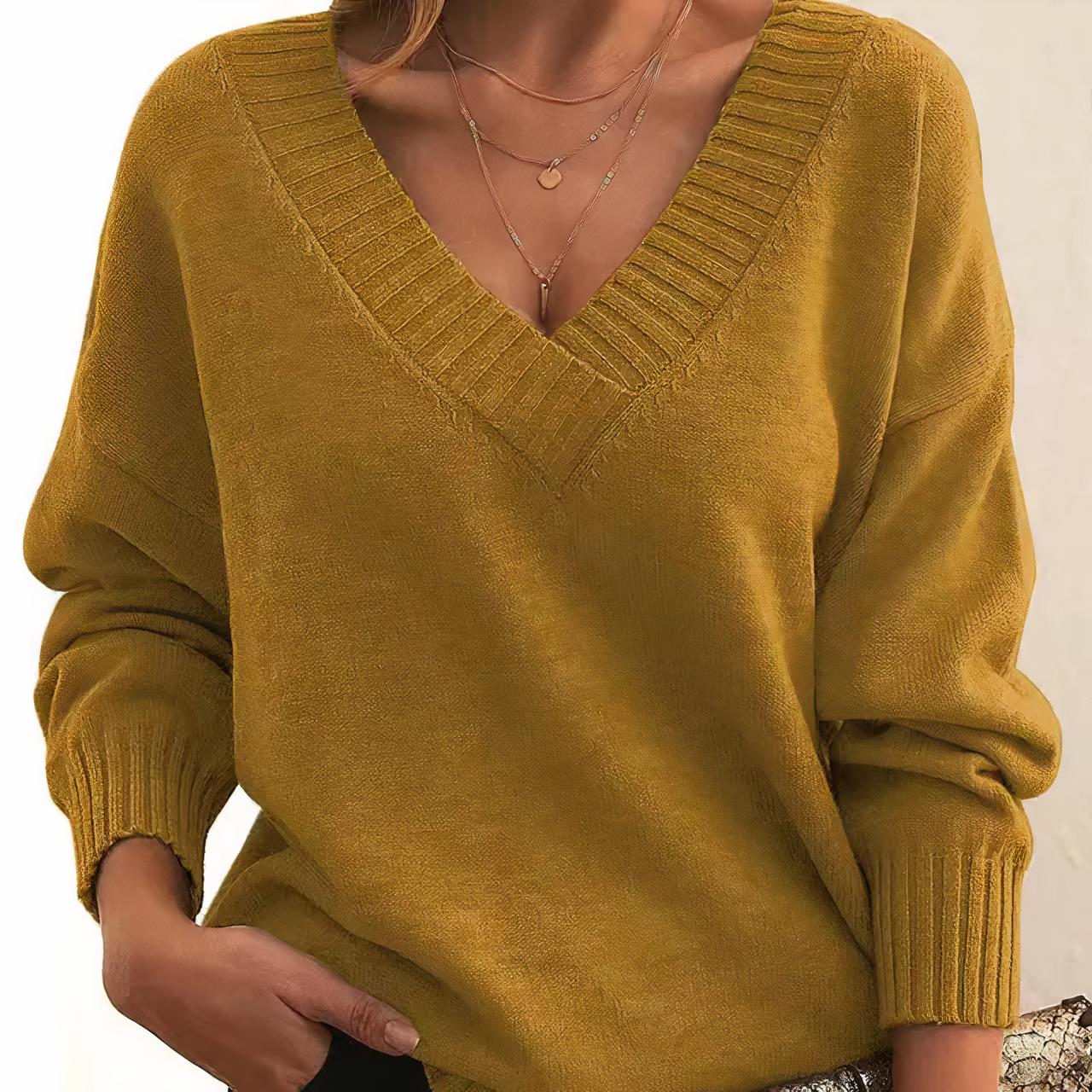 Women’s Cashmere V Neck Sweater Relaxed Balloon Sleeves