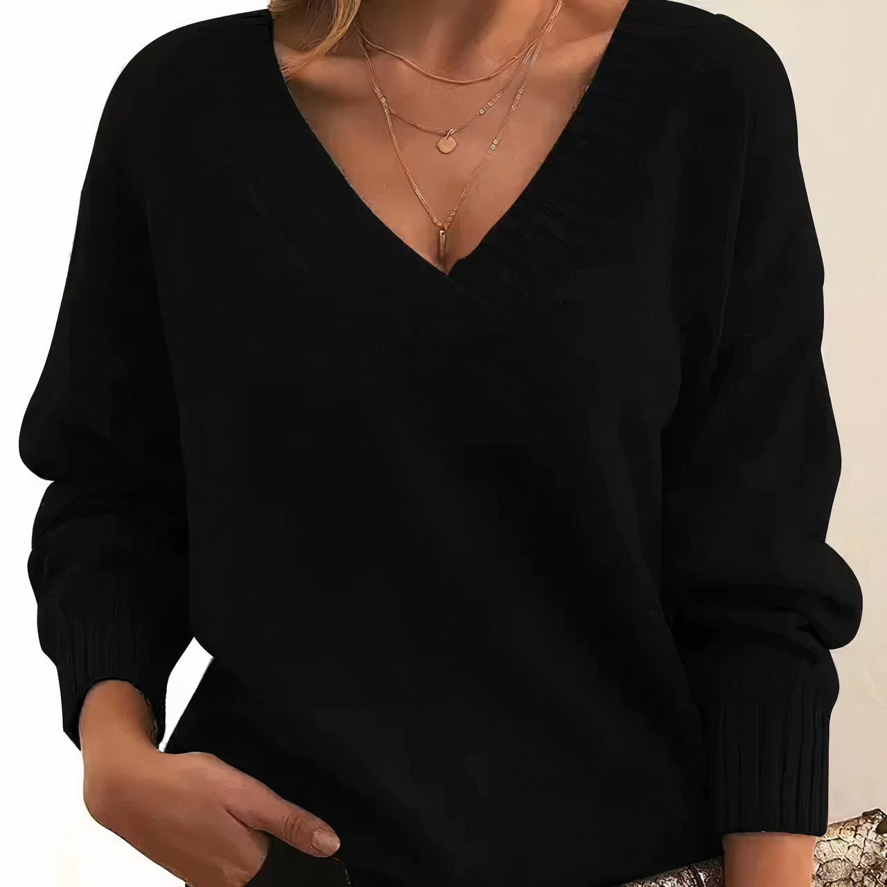 Women’s Cashmere V Neck Sweater Relaxed Balloon Sleeves