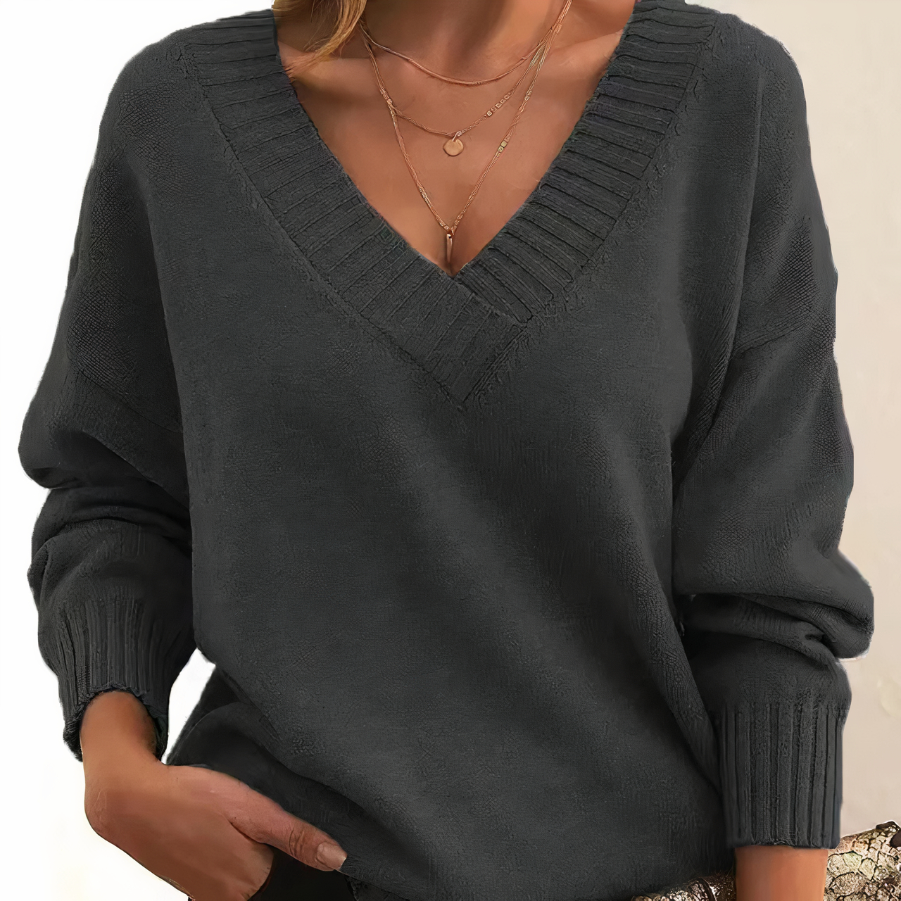Women’s Cashmere V Neck Sweater Relaxed Balloon Sleeves