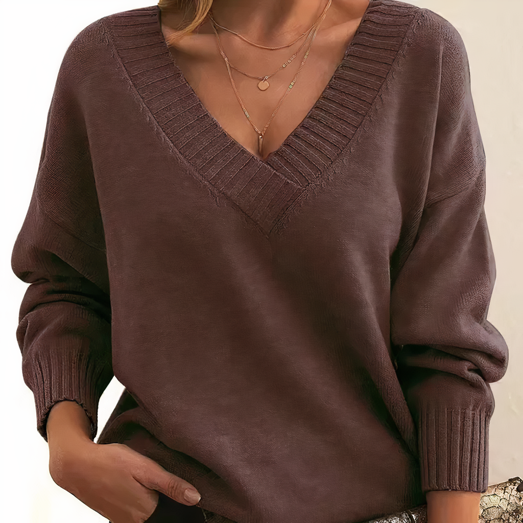 Women’s Cashmere V Neck Sweater Relaxed Balloon Sleeves