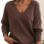 Women’s Cashmere V Neck Sweater Relaxed Balloon Sleeves