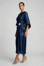 Wedding Guest Satin Style Batwing Jewel Midi Dress