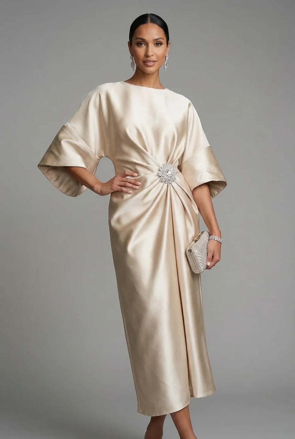 Wedding Guest Satin Style Batwing Jewel Midi Dress