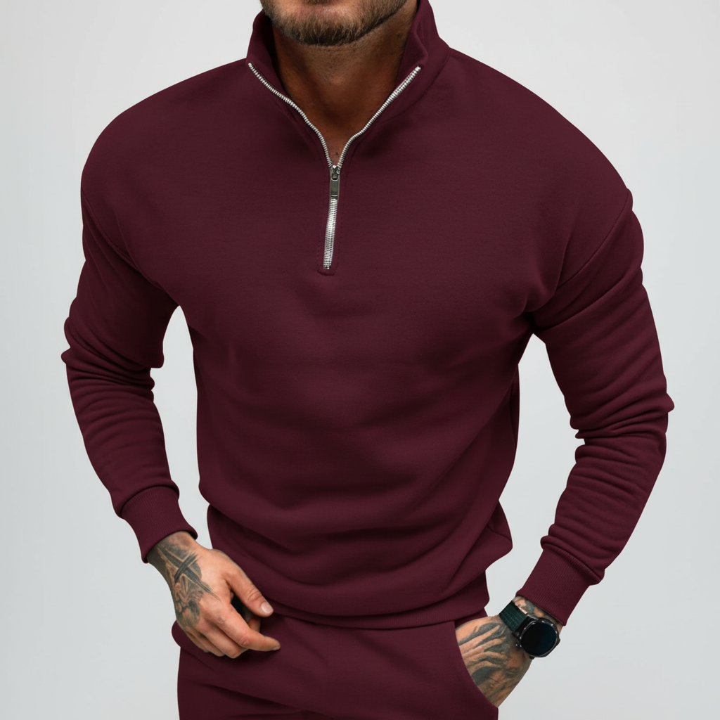 Men’s Minimal Quarter Zip Sweater with Stand Collar