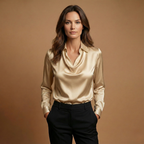 Women’s Blouse with Draped Collar and Long Sleeves
