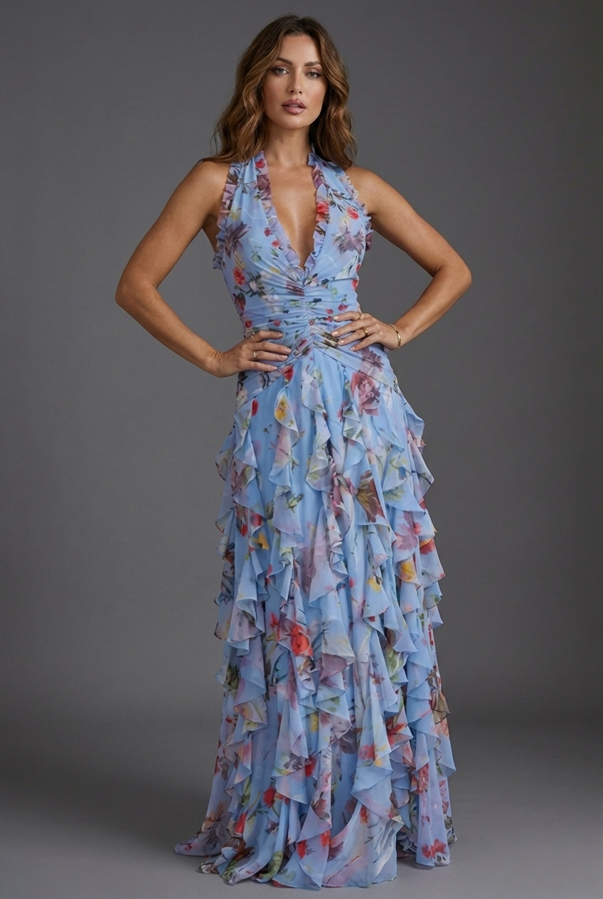 Floral Print Halterneck Ruffle Chiffon Style Maxi Dress