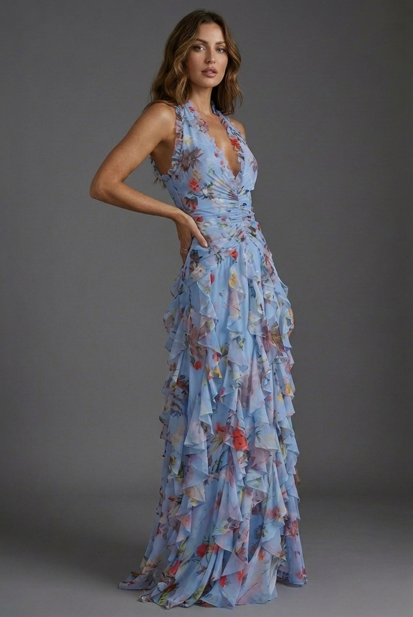 Floral Print Halterneck Ruffle Chiffon Style Maxi Dress