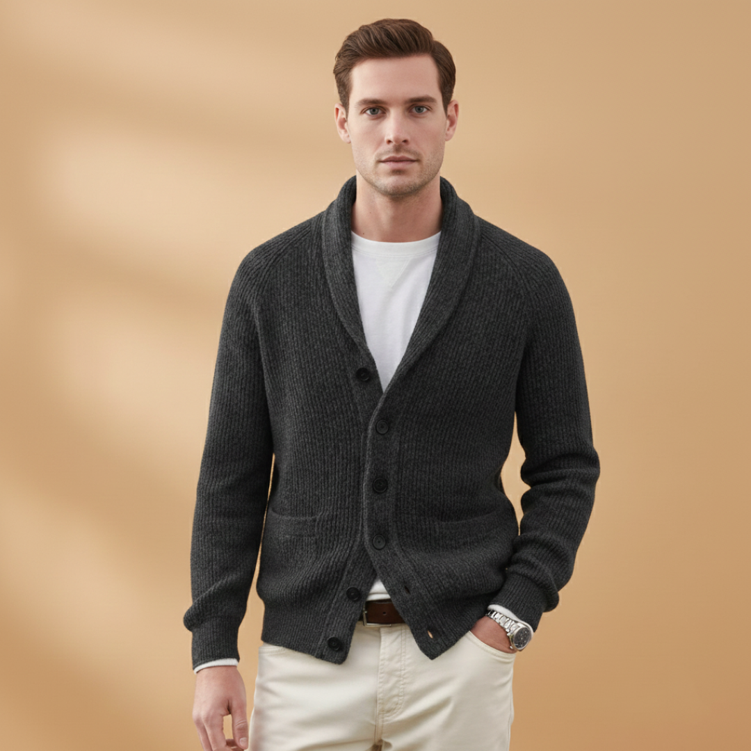 Men’s cardigan with shawl collar and button closure