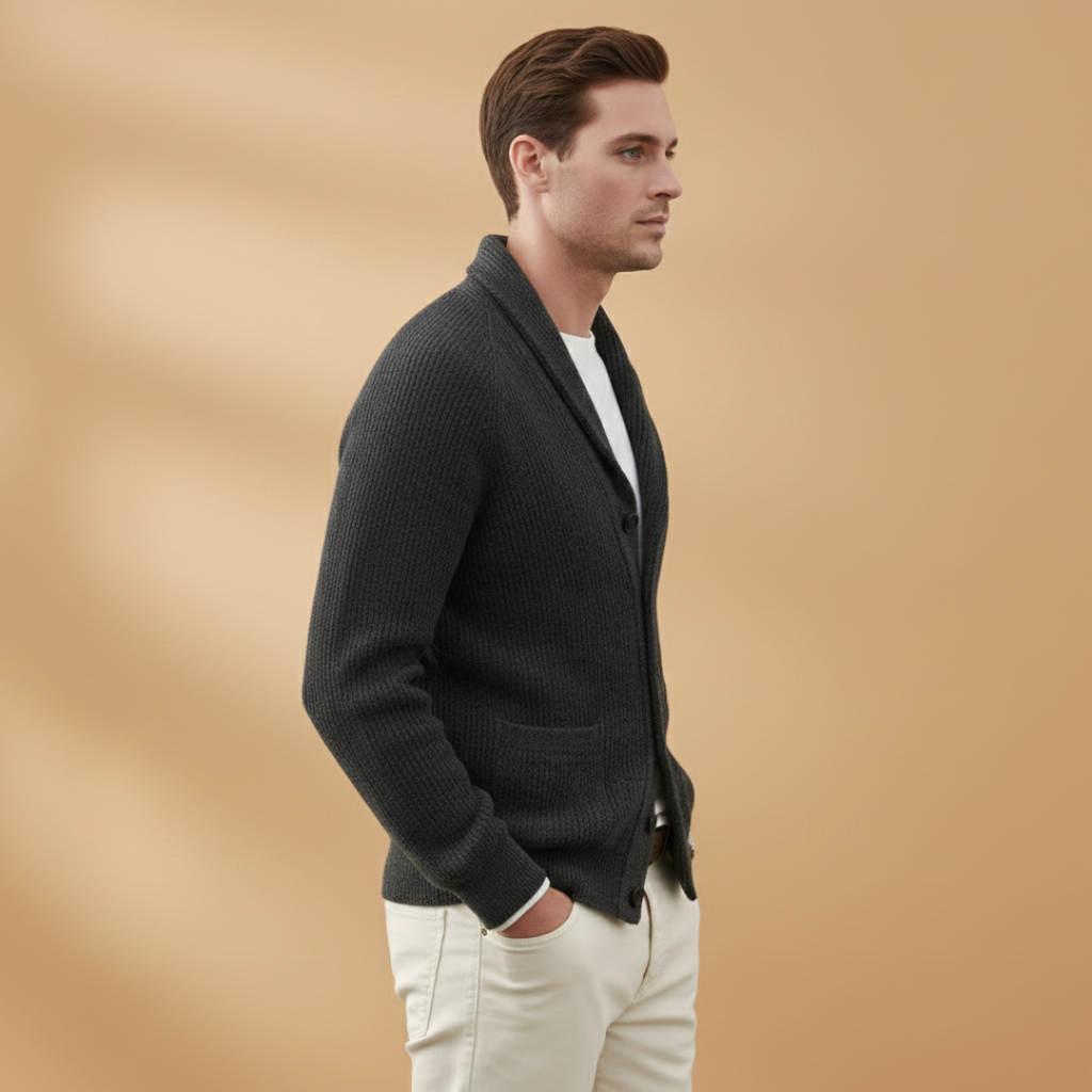 Men’s cardigan with shawl collar and button closure