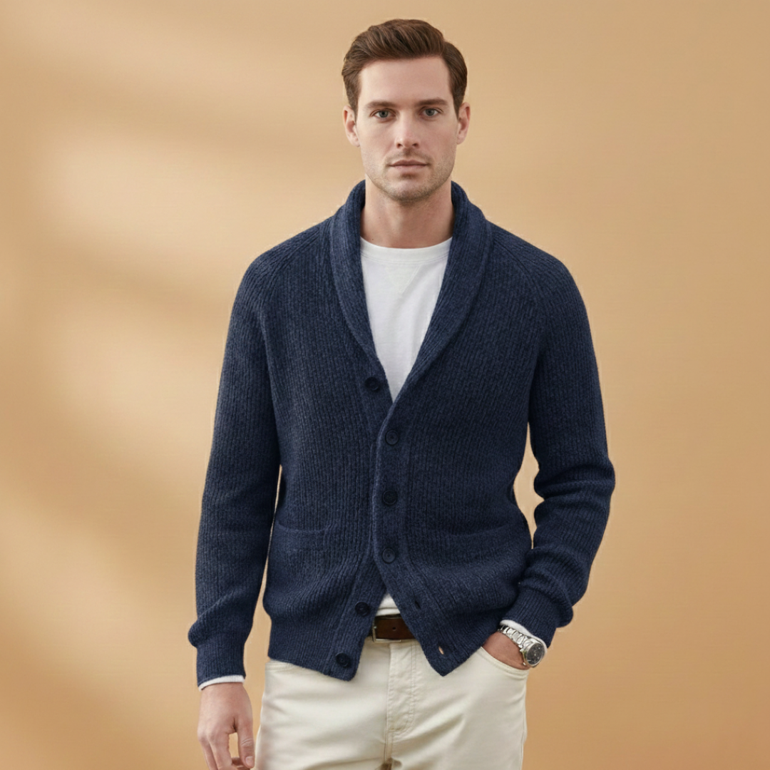 Men’s cardigan with shawl collar and button closure