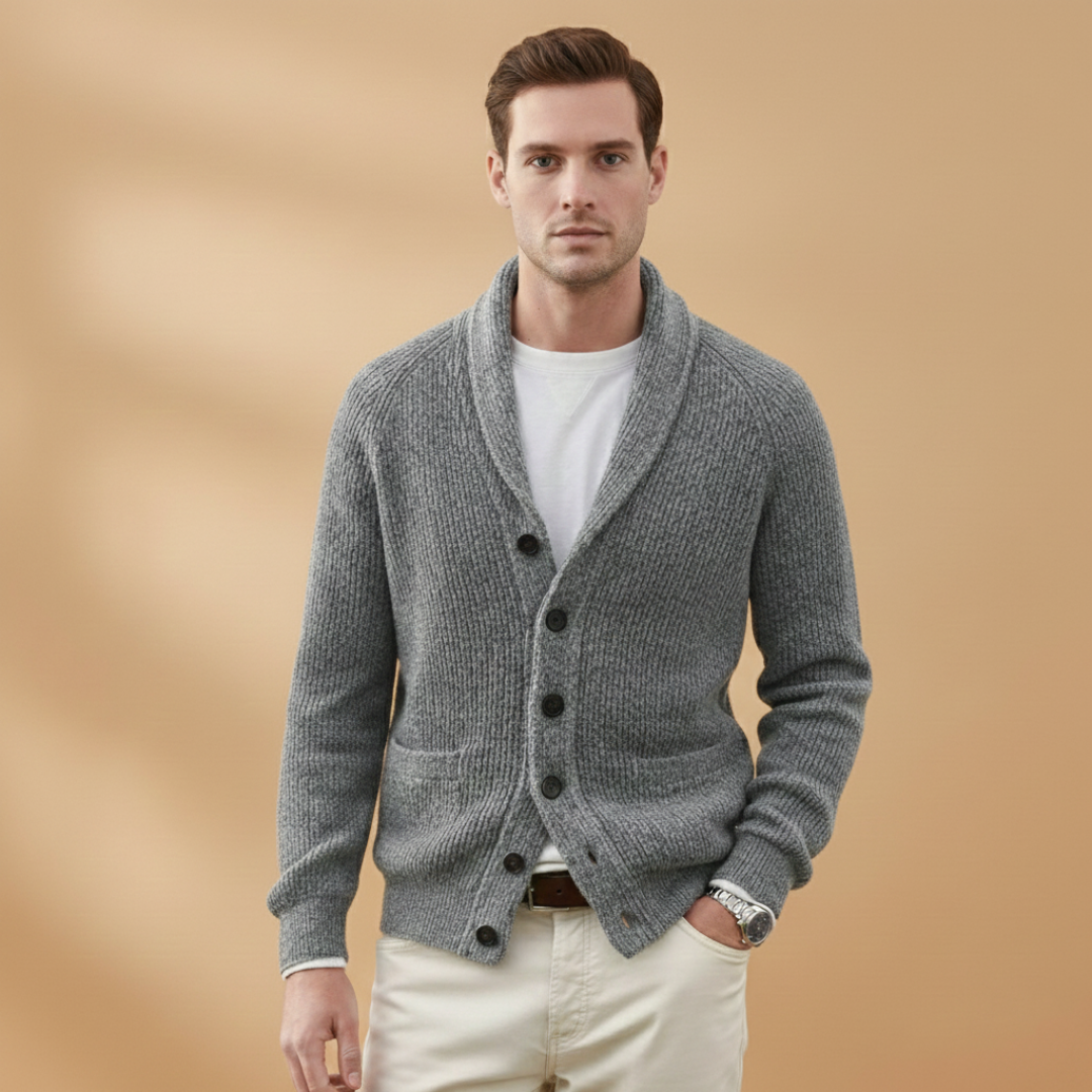 Men’s cardigan with shawl collar and button closure