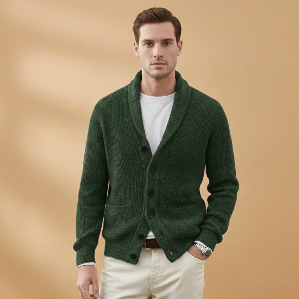 Men’s cardigan with shawl collar and button closure