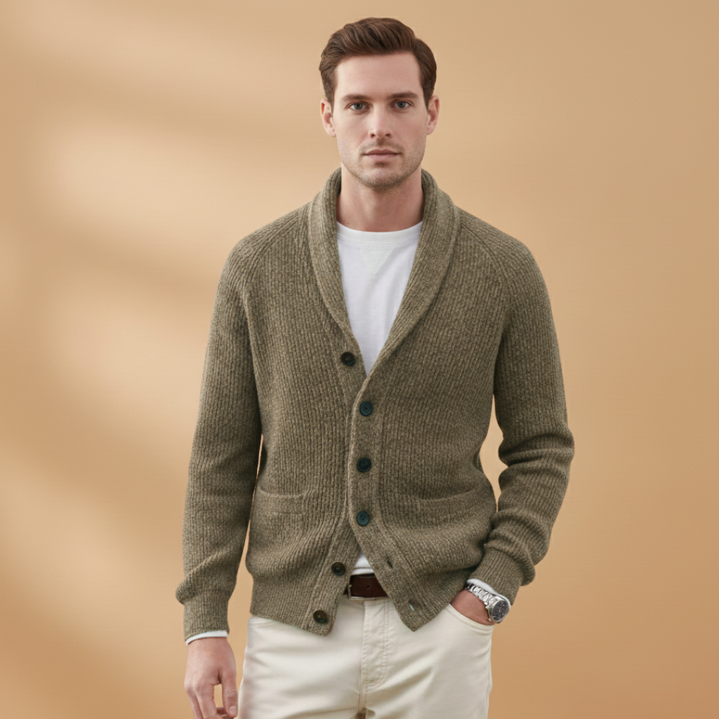 Men’s cardigan with shawl collar and button closure