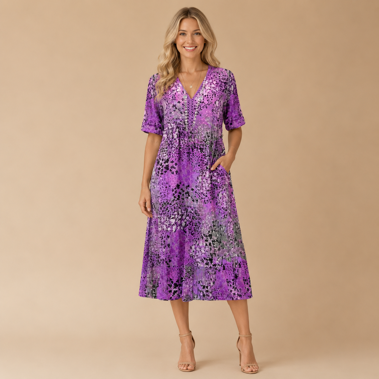 Women’s Printed V-Neck Summer Dress – Knee Length