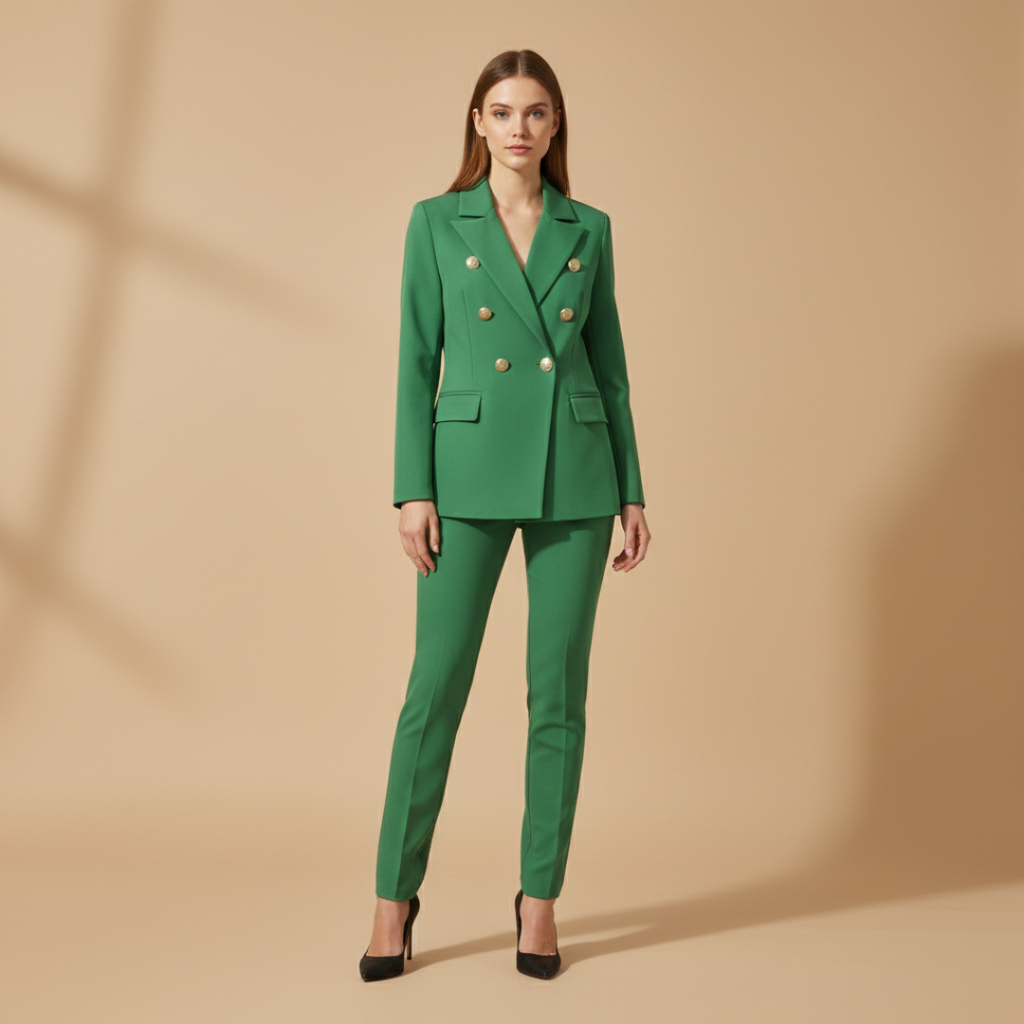 Women’s Suit Set with Metal Buttons and Slim Trousers