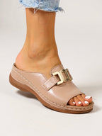 Women's Cushioned Buckle Slides with Adjustable Strap and Soft Footbed