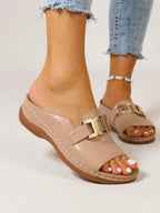 Women's Cushioned Buckle Slides with Adjustable Strap and Soft Footbed