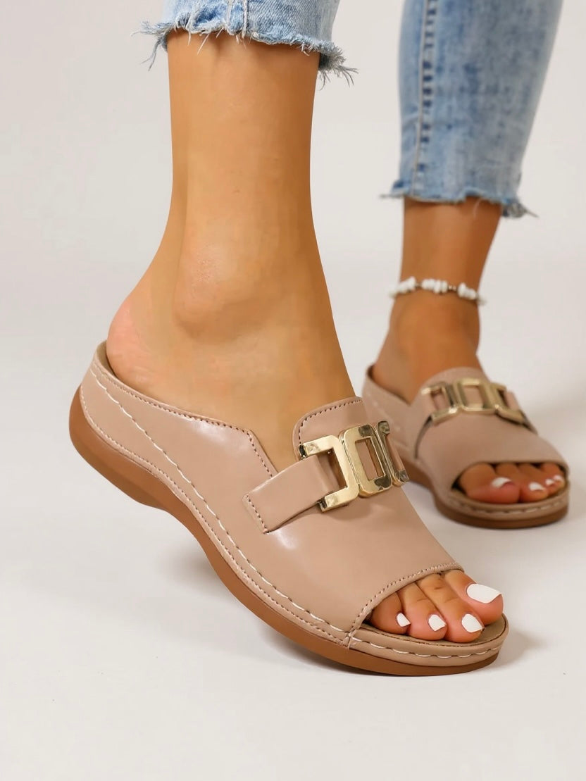Women's Cushioned Buckle Slides with Adjustable Strap and Soft Footbed