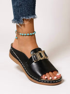 Women's Cushioned Buckle Slides with Adjustable Strap and Soft Footbed