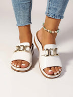 Women's Cushioned Buckle Slides with Adjustable Strap and Soft Footbed