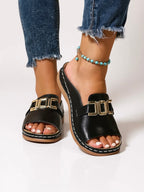 Women's Cushioned Buckle Slides with Adjustable Strap and Soft Footbed