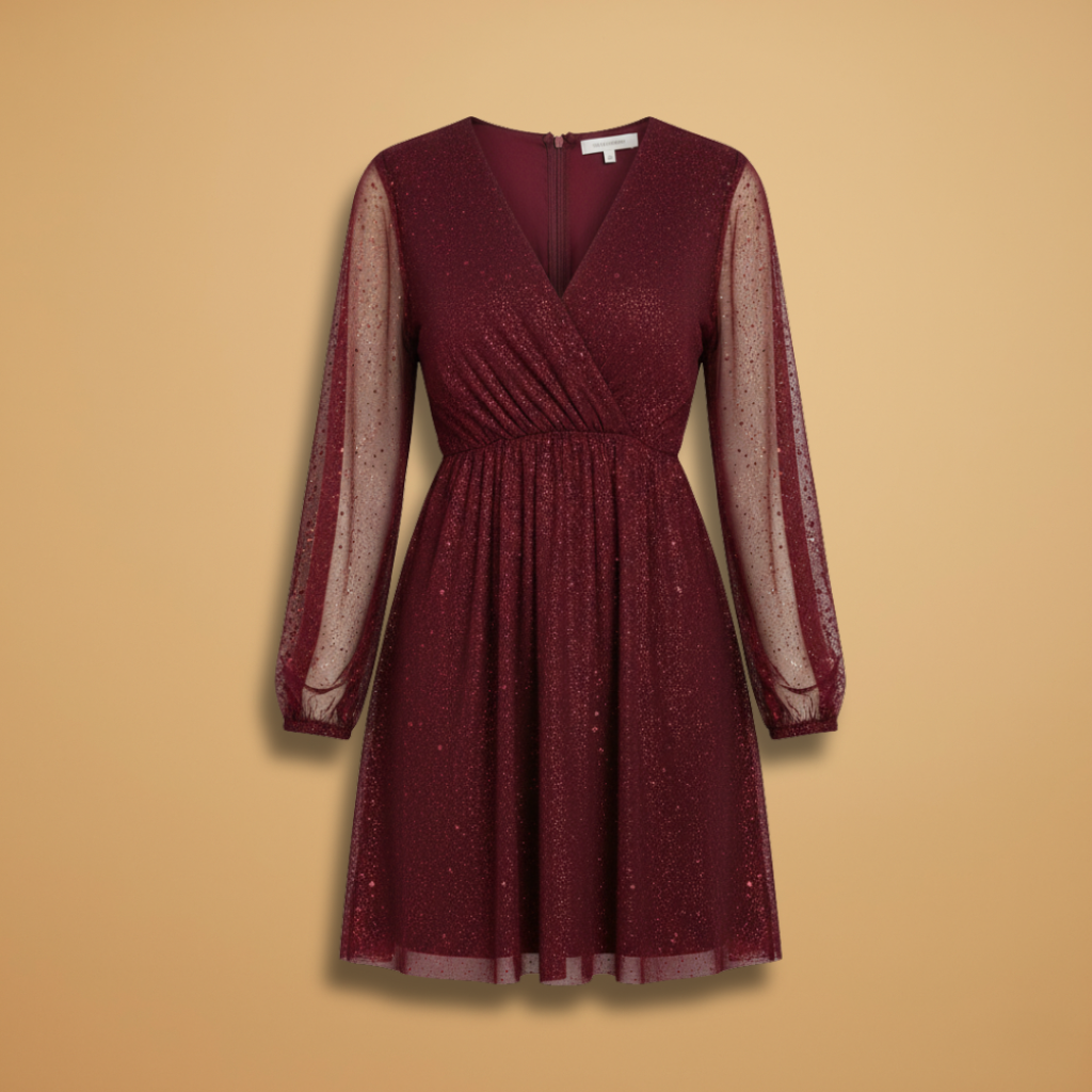 Women’s Short Dress with Sequin Design and Sheer Sleeves