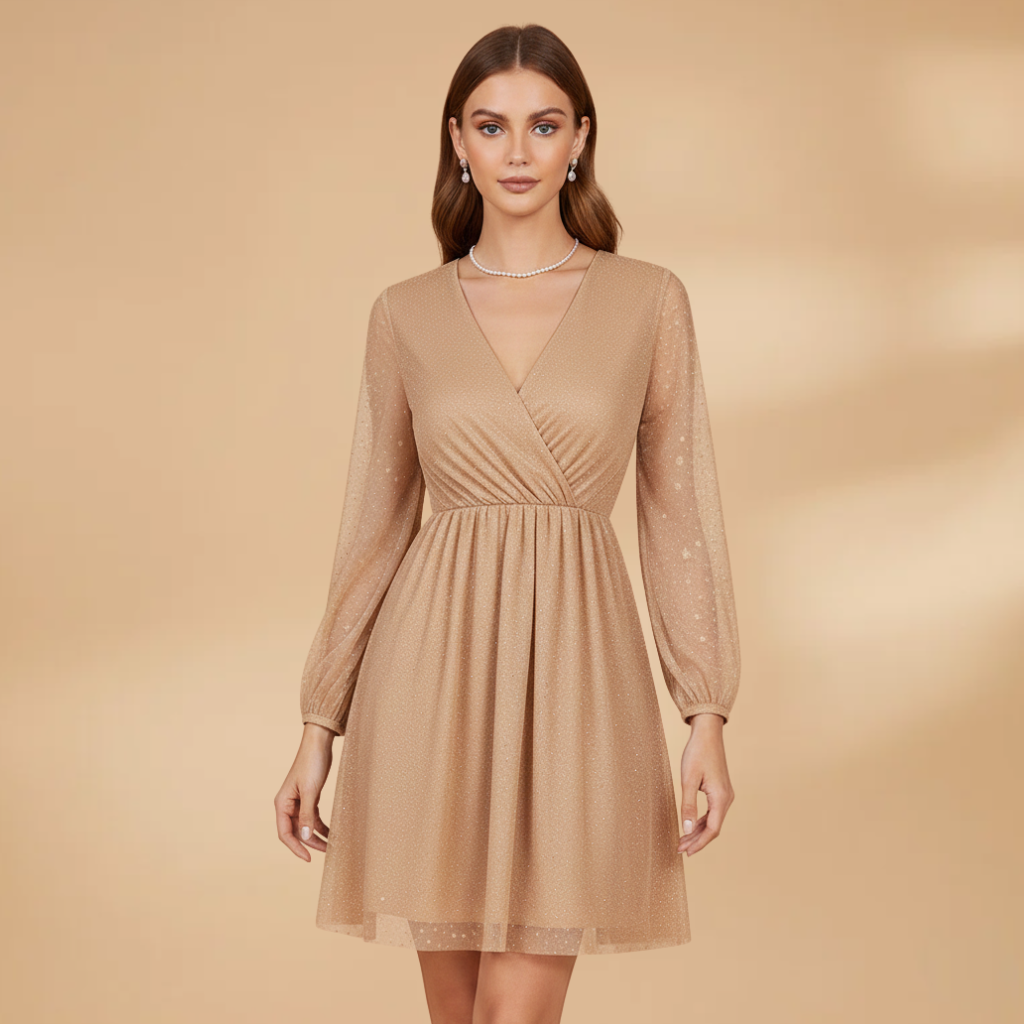 Women’s Short Dress with Sequin Design and Sheer Sleeves
