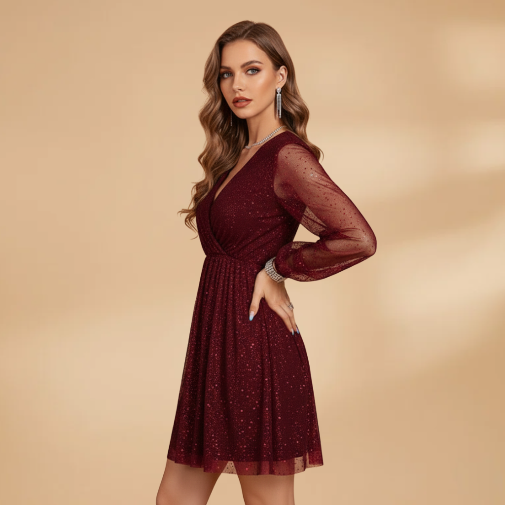Women’s Short Dress with Sequin Design and Sheer Sleeves