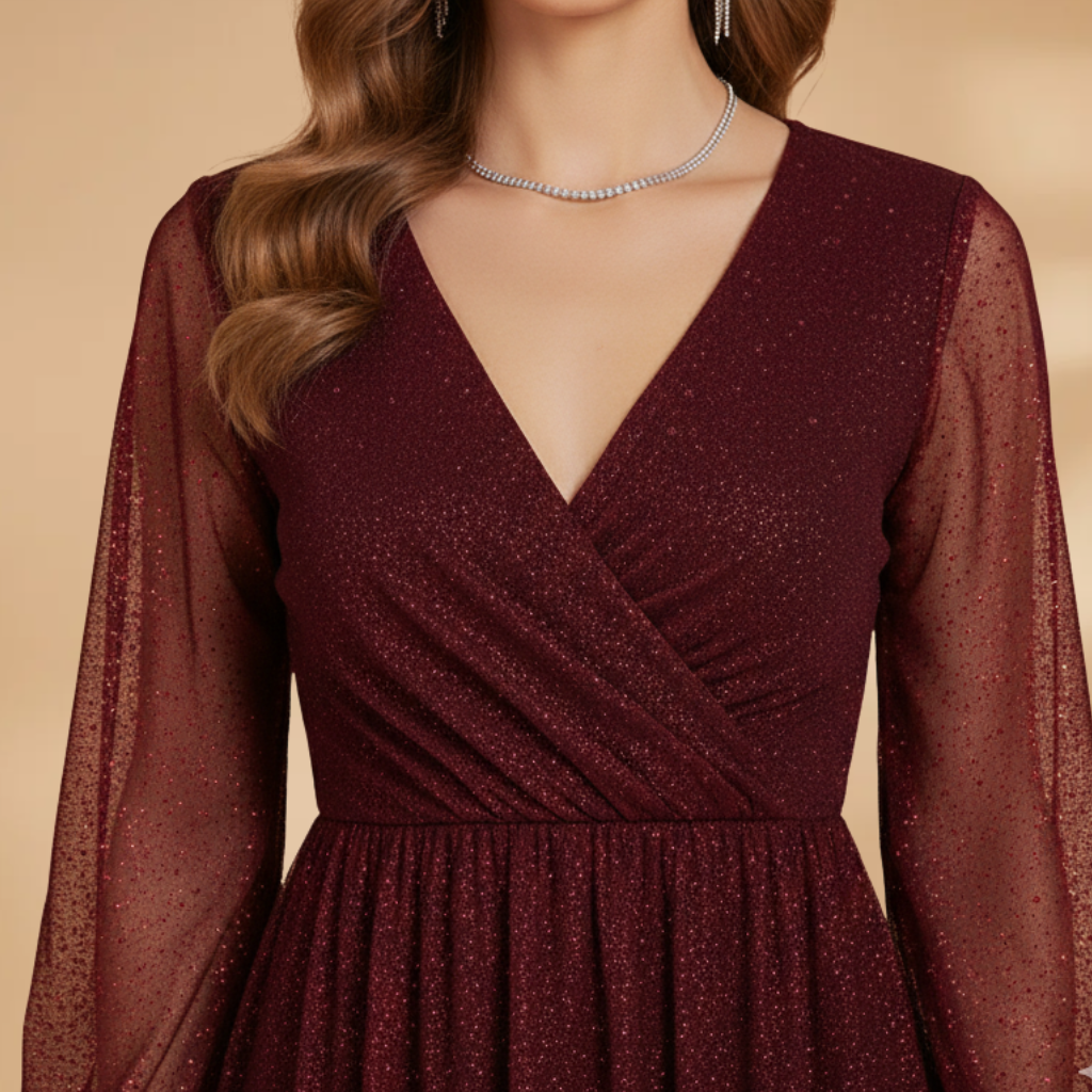 Women’s Short Dress with Sequin Design and Sheer Sleeves