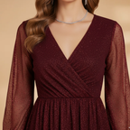 Women’s Short Dress with Sequin Design and Sheer Sleeves