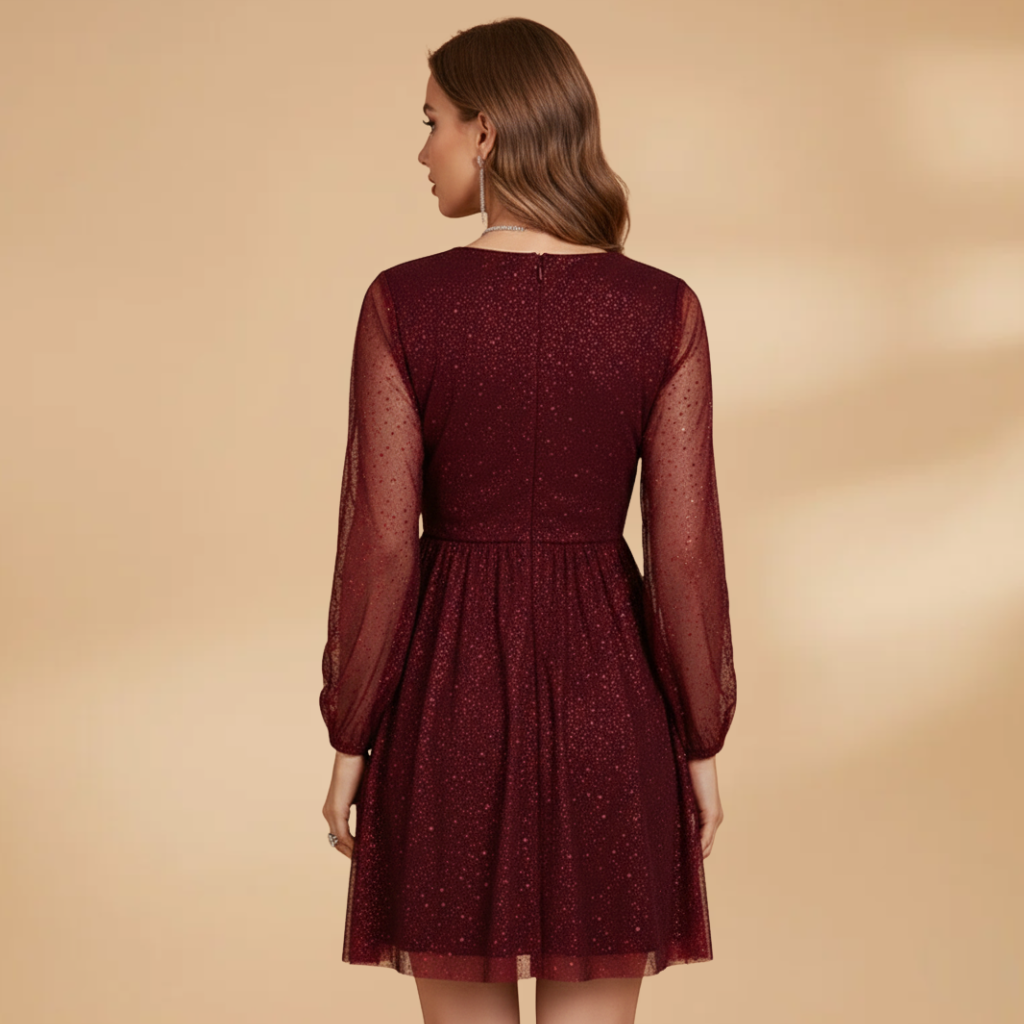 Women’s Short Dress with Sequin Design and Sheer Sleeves
